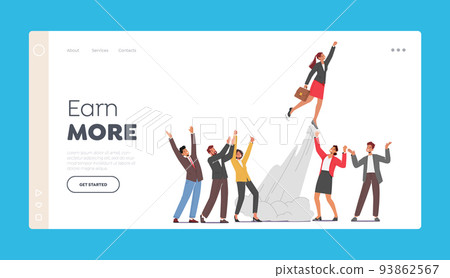 Earn More Landing Page Template. Colleagues See Off Businesswoman Take Off like a Rocket in Sky. Great Start Up Launch 93862567