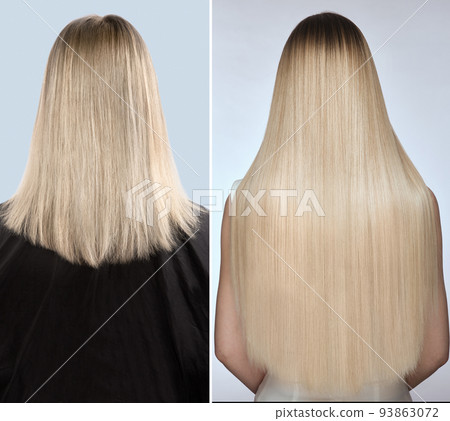 Woman before after hair extensions. Back view. 93863072