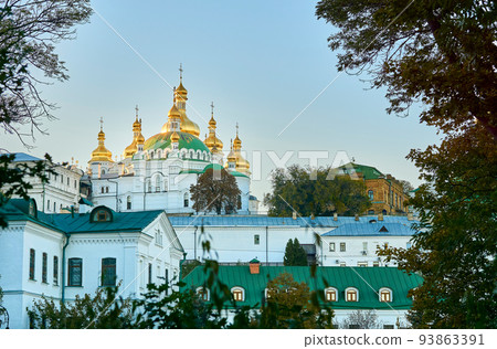 Orthodox church with golden domes and blue sky. Monastery Kyiv Lavra Orthodox church with golden domes and blue sky. Monastery Kyiv Lavra 93863391