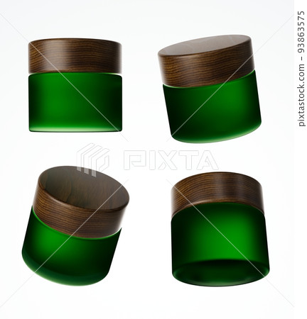 Four different views of frosted green glass cream jar with wooden cap, 3D render cosmetic product packaging isolated on white background 93863575
