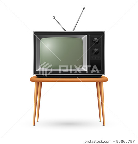 Vector 3d Realistic Retro TV Receiver on a Wooden Table Stand Closeup Isolated on White. Vintage TV Set. Television, Front View Vector 3d Realistic Retro TV Receiver on a Wooden Table Stand Closeup Isolated on White. Vintage TV Set. Television, Front View 93863797