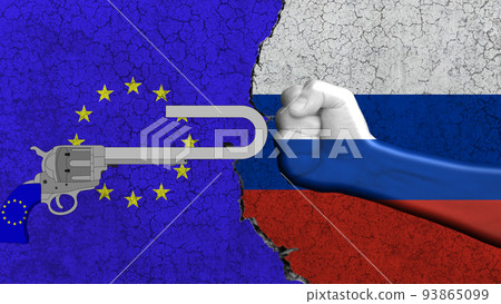 Economic sanctions against Russia are very bad for Europe. Conceptual illustration. In the background the flags of the two countries on a ruined wall 93865099