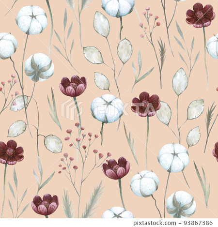 Watercolor seamless pattern with cotton plants and flowers. Hand drawn detailed realistic vintage illustration.  93867386