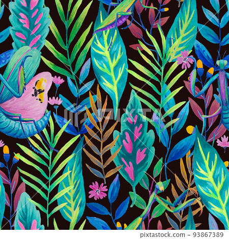 Colorful seamless pattern with bright tropical leaves and flowers. Tropical insects, mantis in jungle plants. Hand drawn detailed illustration. 93867389