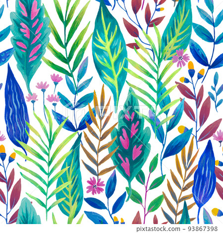 Colorful seamless pattern with bright tropical leaves and flowers. Hand drawn detailed illustration with rainforest jungle plants. 93867398