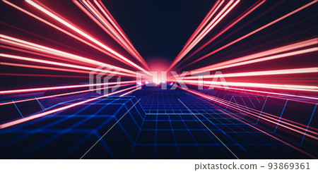 3d rendering abstract technology background. Red light trail with neon wireframe landscape. 3d rendering abstract technology background. Red light trail with neon wireframe landscape. 93869361