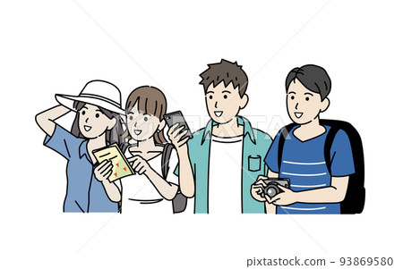 Young men and women who enjoy traveling, tourists, summer vacation, illustration 93869580