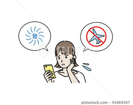 因颱風旅行問題而苦惱的年輕女子無法登機被取消的航班插圖 93869587