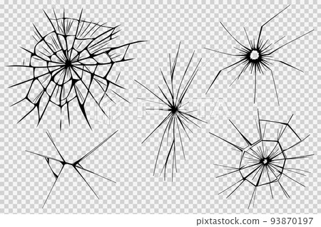 Glass cracks. Broken ice. Bullet marks on transparent surface, electronic display, window. Vector sketch illustration. 93870197