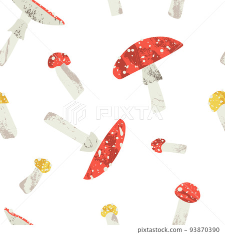 Red and yellow fly agaric, amanita muscaria. Poisonous inedible mushroom. Autumn seasonal forest fungi isolated on white. Vector flat cartoon illustration, seamless pattern, fall background Red and yellow fly agaric, amanita muscaria. Poisonous inedible mushroom. Autumn seasonal forest fungi isolated on white. Vector flat cartoon illustration, seamless pattern, fall background 93870390