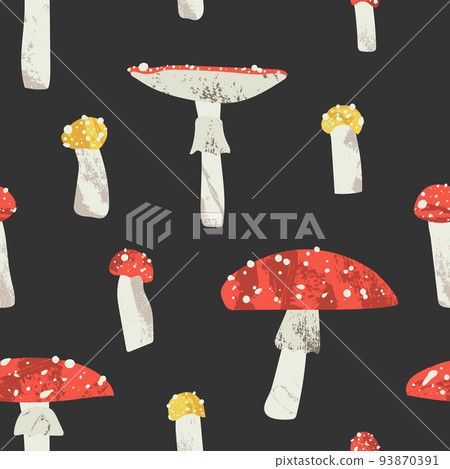 Red and yellow fly agaric, amanita muscaria. Poisonous inedible mushroom. Autumn seasonal forest fungi isolated on white. Vector flat cartoon illustration, seamless pattern, fall background Red and yellow fly agaric, amanita muscaria. Poisonous inedible mushroom. Autumn seasonal forest fungi isolated on white. Vector flat cartoon illustration, seamless pattern, fall background 93870391