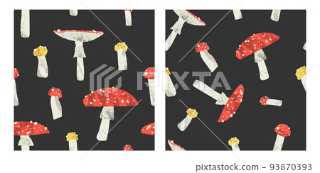 Red and yellow fly agaric, amanita muscaria. Poisonous inedible mushroom. Autumn seasonal forest fungi isolated on white. Vector flat cartoon illustration, seamless pattern, fall background Red and yellow fly agaric, amanita muscaria. Poisonous inedible mushroom. Autumn seasonal forest fungi isolated on white. Vector flat cartoon illustration, seamless pattern, fall background 93870393