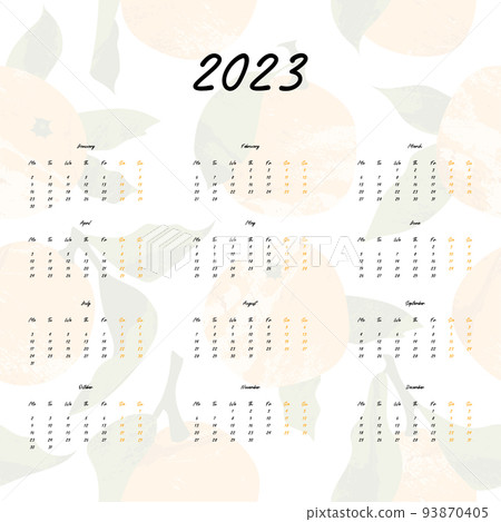 Calendar 2023, 12 months. Week start from Monday. Event planner, organizer, schedule page design, weekly timetable. Mandarin, tangerine, orange, citrus fruit. Vector flat cartoon illustration 93870405