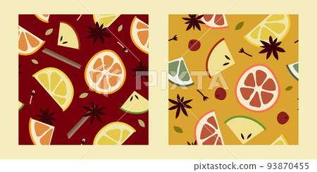 Christmas mulled wine with citrus fruit, apple, cinnamon, clove, cardamom, anise. Red and white wine, sangria, apple cider. Winter hot drink. Traditional xmas beverage. Vector cartoon seamless pattern Christmas mulled wine with citrus fruit, apple, cinnamon, clove, cardamom, anise. Red and white wine, sangria, apple cider. Winter hot drink. Traditional xmas beverage. Vector cartoon seamless pattern 93870455