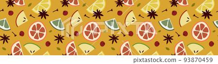 Christmas mulled white wine with citrus fruit, apple, cinnamon, clove, cardamom, anise. Winter hot drink. Sangria, apple cider. Traditional xmas beverage. Vector flat cartoon seamless pattern Christmas mulled white wine with citrus fruit, apple, cinnamon, clove, cardamom, anise. Winter hot drink. Sangria, apple cider. Traditional xmas beverage. Vector flat cartoon seamless pattern 93870459