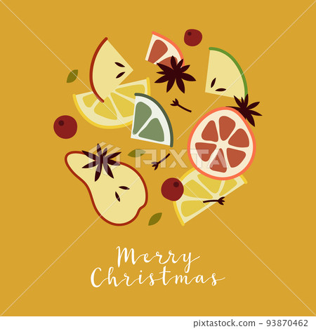 Christmas mulled white wine with citrus fruit, apple, cinnamon, clove, cardamom, anise. Winter hot drink. Sangria, apple cider. Traditional xmas beverage. Vector flat cartoon illustration 93870462