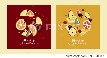 Christmas mulled wine with citrus fruit, apple, cinnamon, clove, cardamom and anise. Winter hot drink in glass. Sangria, apple cider. Traditional xmas beverage. Vector illustration, flat cartoon style Christmas mulled wine with citrus fruit, apple, cinnamon, clove, cardamom and anise. Winter hot drink in glass. Sangria, apple cider. Traditional xmas beverage. Vector illustration, flat cartoon style 93870464