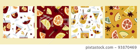 Christmas mulled wine with citrus fruit, apple, cinnamon, clove, cardamom, anise. Red and white wine, sangria, apple cider. Winter hot drink. Traditional xmas beverage. Vector cartoon seamless pattern Christmas mulled wine with citrus fruit, apple, cinnamon, clove, cardamom, anise. Red and white wine, sangria, apple cider. Winter hot drink. Traditional xmas beverage. Vector cartoon seamless pattern 93870469