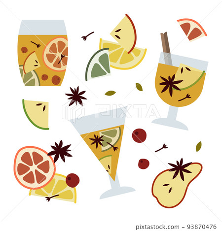 Christmas mulled wine with citrus fruit, apple, cinnamon, clove, cardamom and anise. Winter hot drink in glass. Sangria, apple cider. Traditional xmas beverage. Vector illustration, flat cartoon style 93870476