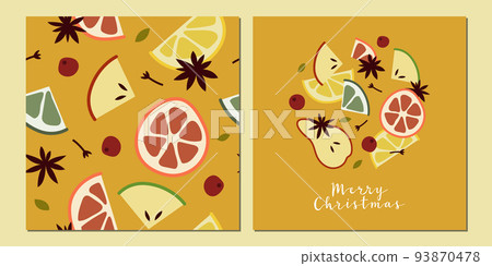 Christmas mulled white wine with citrus fruit, apple, cinnamon, clove, cardamom, anise. Winter hot drink. Sangria, apple cider. Traditional xmas beverage. Vector flat cartoon seamless pattern 93870478