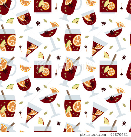 Christmas mulled red wine with citrus fruit, apple, cinnamon, clove, cardamom and anise. Sangria. Winter hot drink in glass. Traditional xmas beverage. Vector seamless pattern, flat cartoon style Christmas mulled red wine with citrus fruit, apple, cinnamon, clove, cardamom and anise. Sangria. Winter hot drink in glass. Traditional xmas beverage. Vector seamless pattern, flat cartoon style 93870481