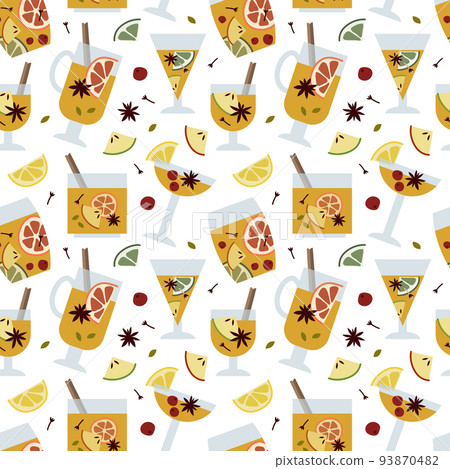 Christmas mulled white wine with citrus fruit, apple, cinnamon, clove, cardamom, anise. Winter hot drink in glass. Sangria, apple cider. Traditional xmas beverage. Vector flat cartoon seamless pattern Christmas mulled white wine with citrus fruit, apple, cinnamon, clove, cardamom, anise. Winter hot drink in glass. Sangria, apple cider. Traditional xmas beverage. Vector flat cartoon seamless pattern 93870482