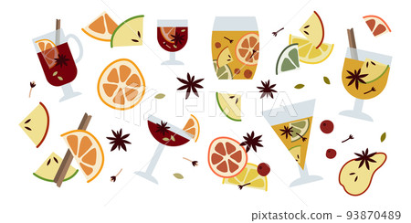 Christmas mulled wine with citrus fruit, apple, cinnamon, clove, cardamom and anise. Winter hot drink in glass. Sangria, apple cider. Traditional xmas beverage. Vector illustration, flat cartoon style 93870489