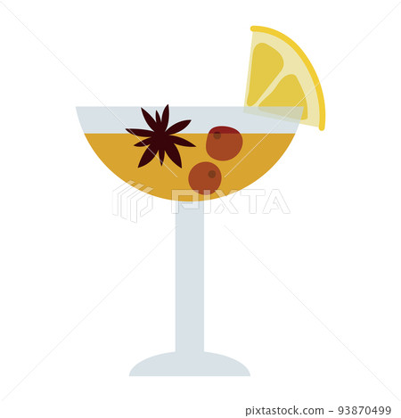 Christmas mulled white wine with citrus fruit, apple, cinnamon, clove, cardamom, anise. Winter hot drink. Sangria, apple cider. Traditional xmas beverage. Vector flat cartoon illustration 93870499