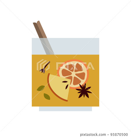 Christmas mulled white wine with citrus fruit, apple, cinnamon, clove, cardamom, anise. Winter hot drink. Sangria, apple cider. Traditional xmas beverage. Vector flat cartoon illustration 93870500