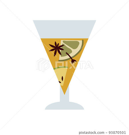 Christmas mulled white wine with citrus fruit, apple, cinnamon, clove, cardamom, anise. Winter hot drink. Sangria, apple cider. Traditional xmas beverage. Vector flat cartoon illustration 93870501