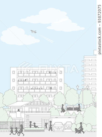 城市景觀矢量插圖. 人們的日常生活. 線條畫插圖。 93872075