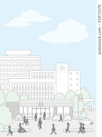 城市景觀矢量插圖. 人們的日常生活. 線條畫插圖。 93872076