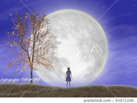 A woman looking at the moon on an autumn night There is a space for text on the right side of the center 93872206
