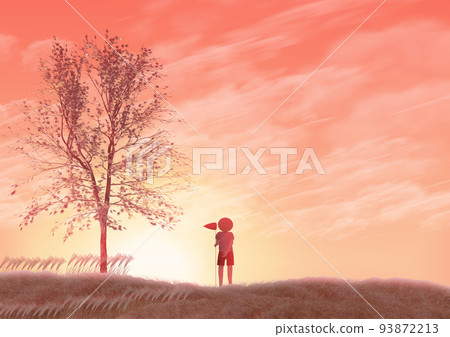 The sunset glows and the sun goes down. There is a space for text on the right side of the center. 93872213