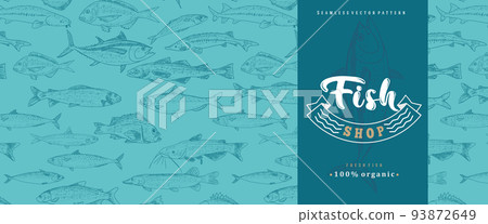 Fish label with seamless pattern 93872649