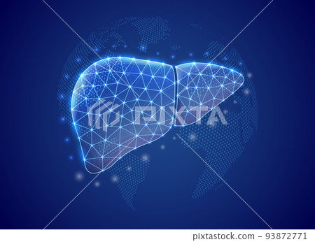 Liver 3d low poly symbol with blue world map background. Hepatitis concept design illustration. Organ anatomy polygonal symbol with connected dots 93872771