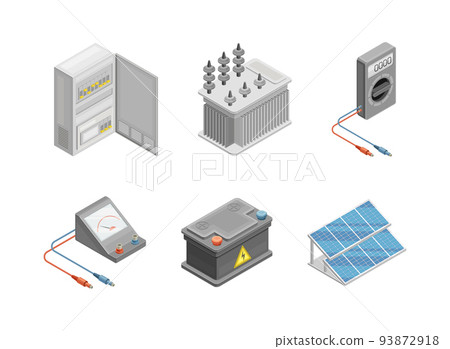 Electric Power Objects with Accumulator, Switchboard, Ammeter and Solar Panel Isometric Vector Set Electric Power Objects with Accumulator, Switchboard, Ammeter and Solar Panel Isometric Vector Set 93872918