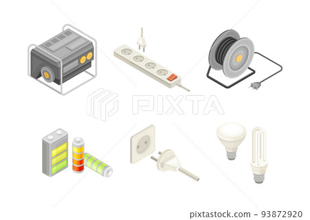 Electric Power Objects with Accumulator, Plug and Socket, Battery and Lightbulb Isometric Vector Set Electric Power Objects with Accumulator, Plug and Socket, Battery and Lightbulb Isometric Vector Set 93872920