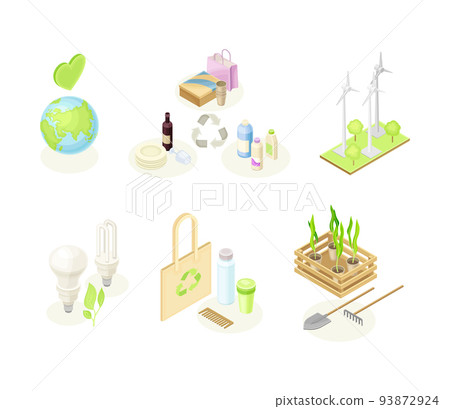 Ecology and Environment Protection and Conservation with Recycling, Electric Lightbulb and Wind Generator Isometric Vector Set Ecology and Environment Protection and Conservation with Recycling, Electric Lightbulb and Wind Generator Isometric Vector Set 93872924