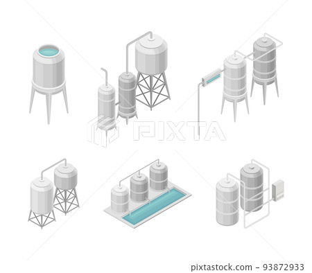 Water Purification Process with Filtration, Sedimentation and Distillation in Cylindrical Tanks and Reservoir Isometric Vector Set 93872933