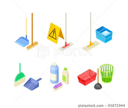 Household Cleaning Equipments with Mop, Broom and Bottles with Detergents Isometric Vector Set 93872944