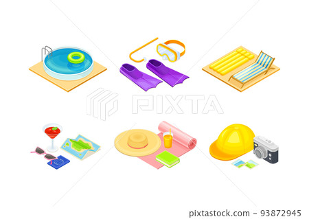 Beach Vacation and Resort Elements with Deckchair, Pool, Snorkeling Equipment, Hat and Camera Isometric Vector Set 93872945