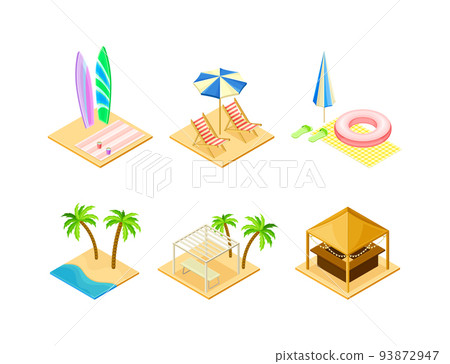 Beach Vacation and Resort Elements with Deckchair, Palm Tree, Surfboard and Bar Isometric Vector Set 93872947