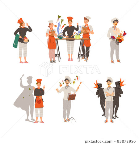 Young Man and Woman Chef Master Cooking Food and Preparing Dishes of Haute Cuisine Vector Illustration Set 93872950