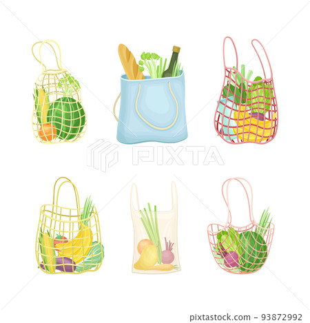 Eco Shopping with Net and Reusable Textile Bag Full of Grocery Products Vector Set 93872992