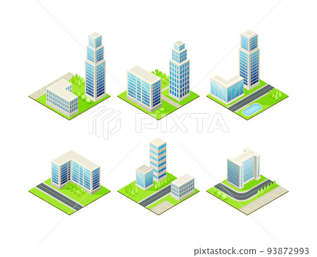 Isometric Cityscape with Tall Multistory Structure on Green Lawn Vector Set Isometric Cityscape with Tall Multistory Structure on Green Lawn Vector Set 93872993