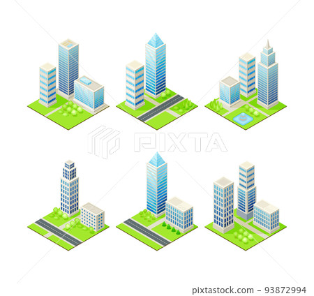 Isometric Cityscape with Tall Multistory Structure on Green Lawn Vector Set Isometric Cityscape with Tall Multistory Structure on Green Lawn Vector Set 93872994