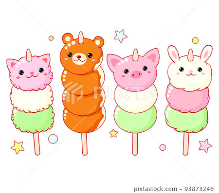 Set of cute hanami season dessert in kawaii style. Japanese traditional cuisine dishes Sanshoku Dango 93873246