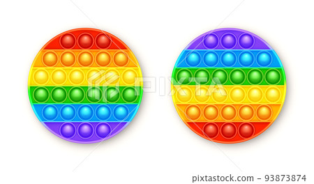 Colorful silicone anti-stress pop it toy isolated on white background. Trendy sensory game for children. Rainbow push pop fidget toy with brightly colored popping bubbles. Vector illustration Colorful silicone anti-stress pop it toy isolated on white background. Trendy sensory game for children. Rainbow push pop fidget toy with brightly colored popping bubbles. Vector illustration 93873874