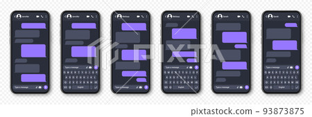 Realistic smartphone with messaging app. Blank SMS text frame. Conversation chat screen with violet message bubbles. Social media application. Vector illustration. 93873875